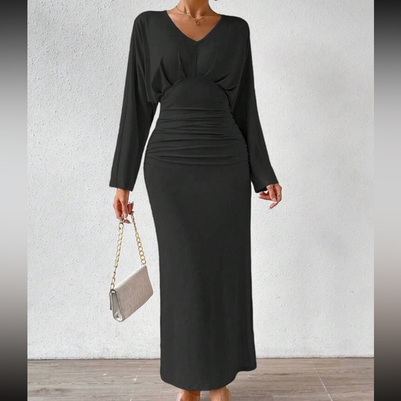 Batwing Sleeve Pleated Ruched Evening Party Dress - Picture 10 of 11
